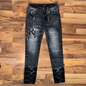 AMIRI Black Distressed Slim Jeans with White Logo